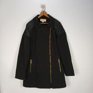 Michael Kors Black Raincoat Women L Quilted Shoulder Gold Zip Spring Coat